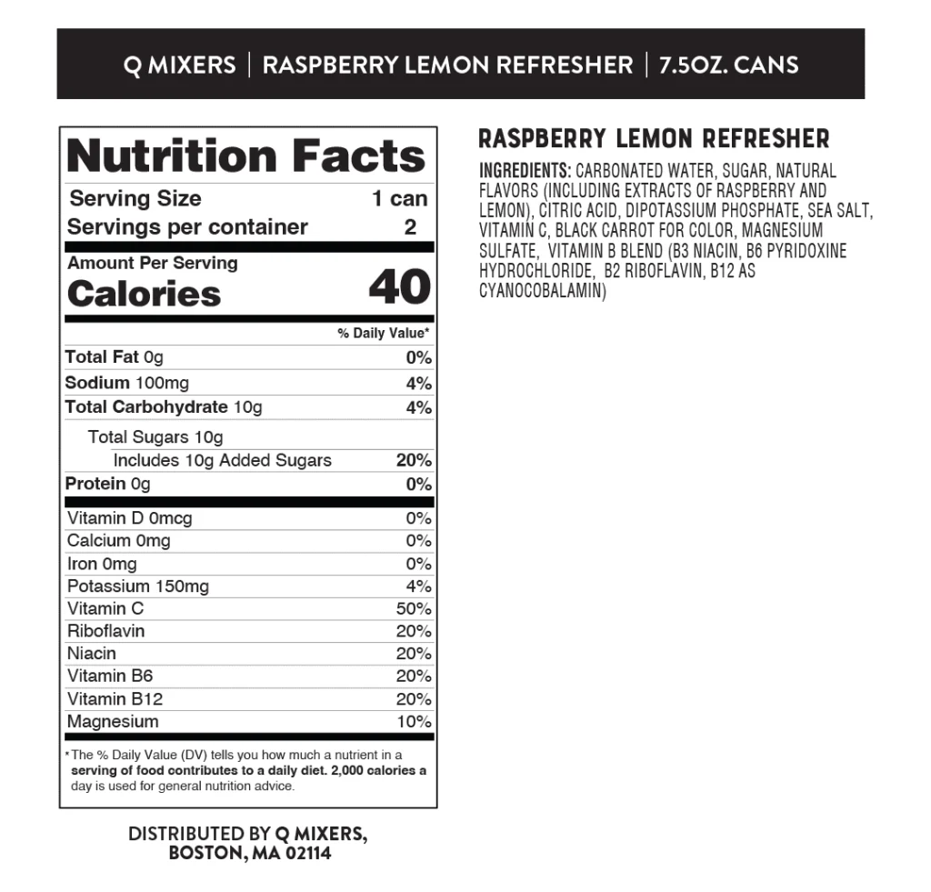 QMixers nutrition panels refreshers raspberry Lemon